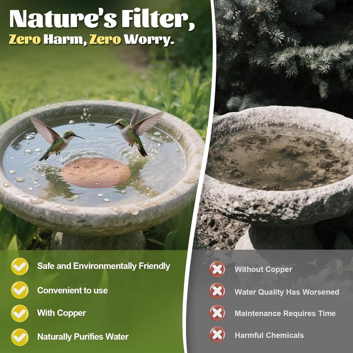 NNG 2 Pack Bird Bath Copper Disk,1mm Thick Reinforced 99.9% Pure Copper Bird Bath Purification Disk with Triple-Point Support,Physical Safe Water Cleaner for Outdoor Birdbaths Bowls,All-Season Use