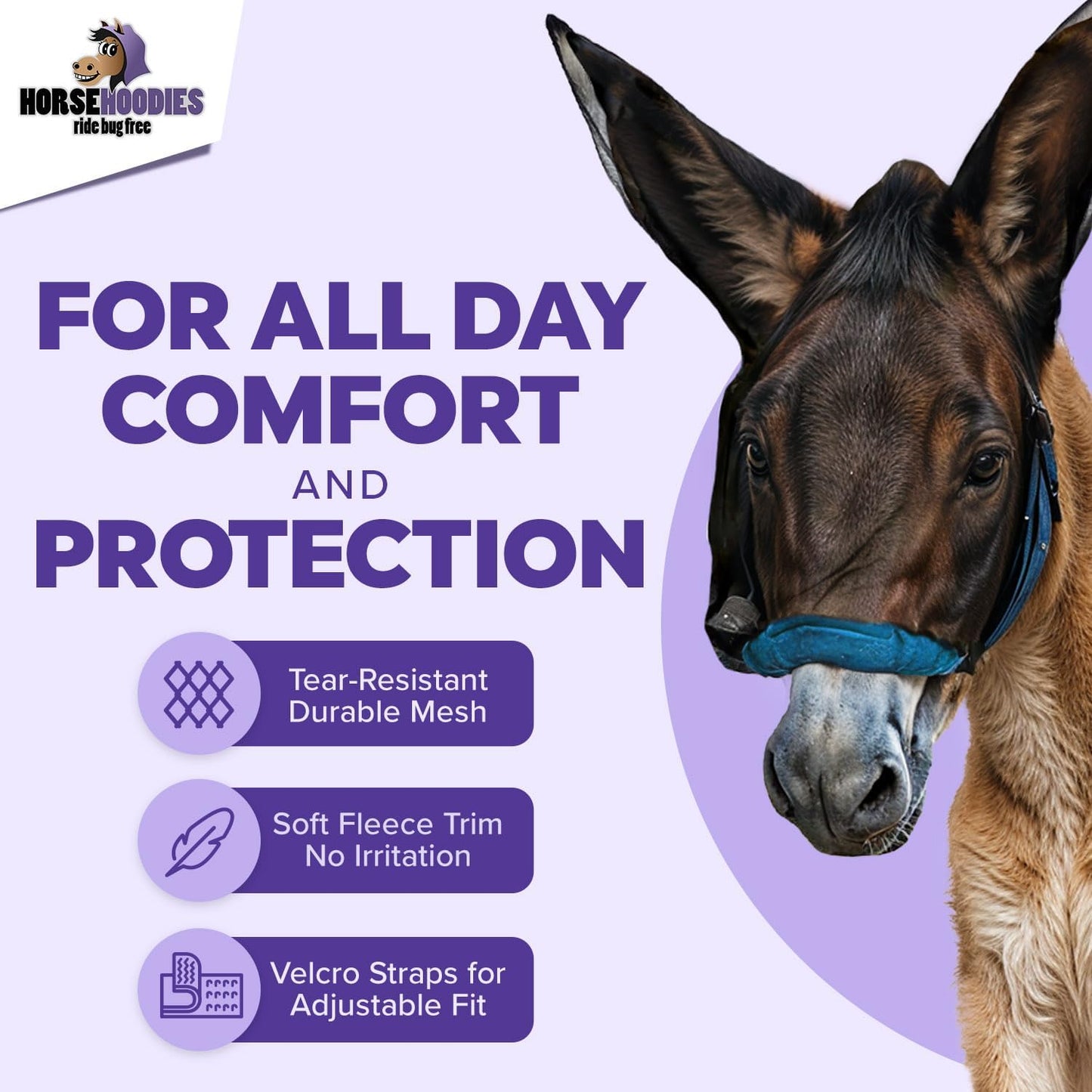 Donkey Fly Mask with Long Ears (Aqua) Half Hoodie for Standard Donkey, Made in USA - Mule Fly Mask with Ears Protection from Insects and Bugs, Face Cover Soft Mesh Fabric with Adjustable Fastener