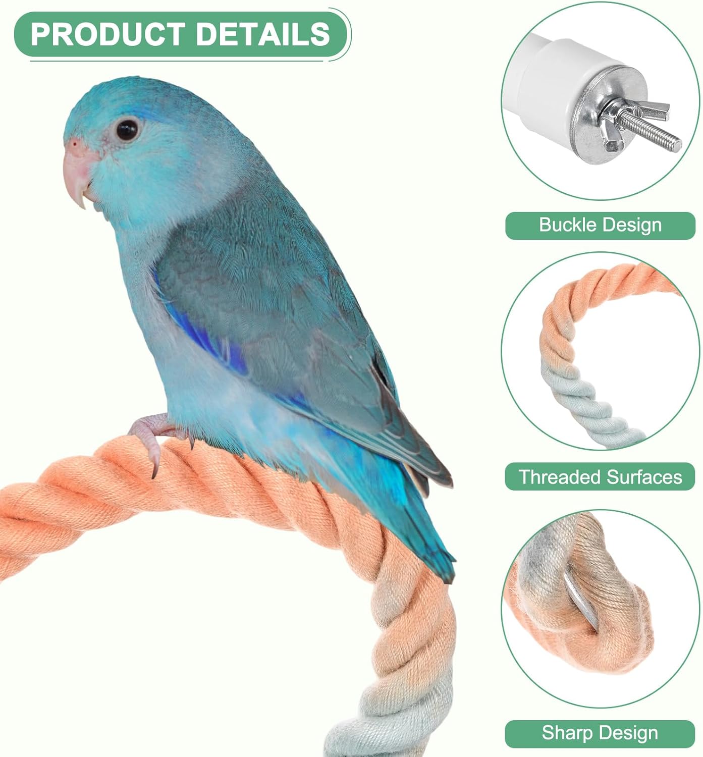2-Pack Rope Perches for Bird Cages, 31.5 in Length Comfort Grip Flexible Rope Perch Beak & Paw Grinding for Parrots/Cockatiels/Parakeets, Bird Platform Sand [Pink Blue]