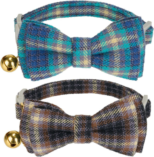 2 Pack Soft Cotton Cat Collars with Bowtie and Bell Breakaway Plaid Cat Kitten Collar(Ocean Blue and Mocha Tweed)