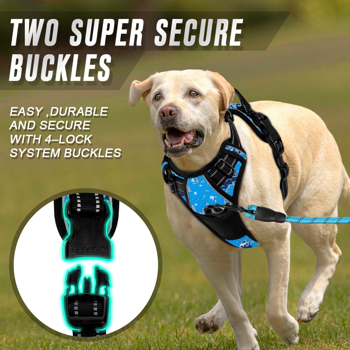 BARKBAY No Pull Dog Harness Front Clip Heavy Duty Reflective Easy Control Handle for Large Dog Walking(Blue camo,L)
