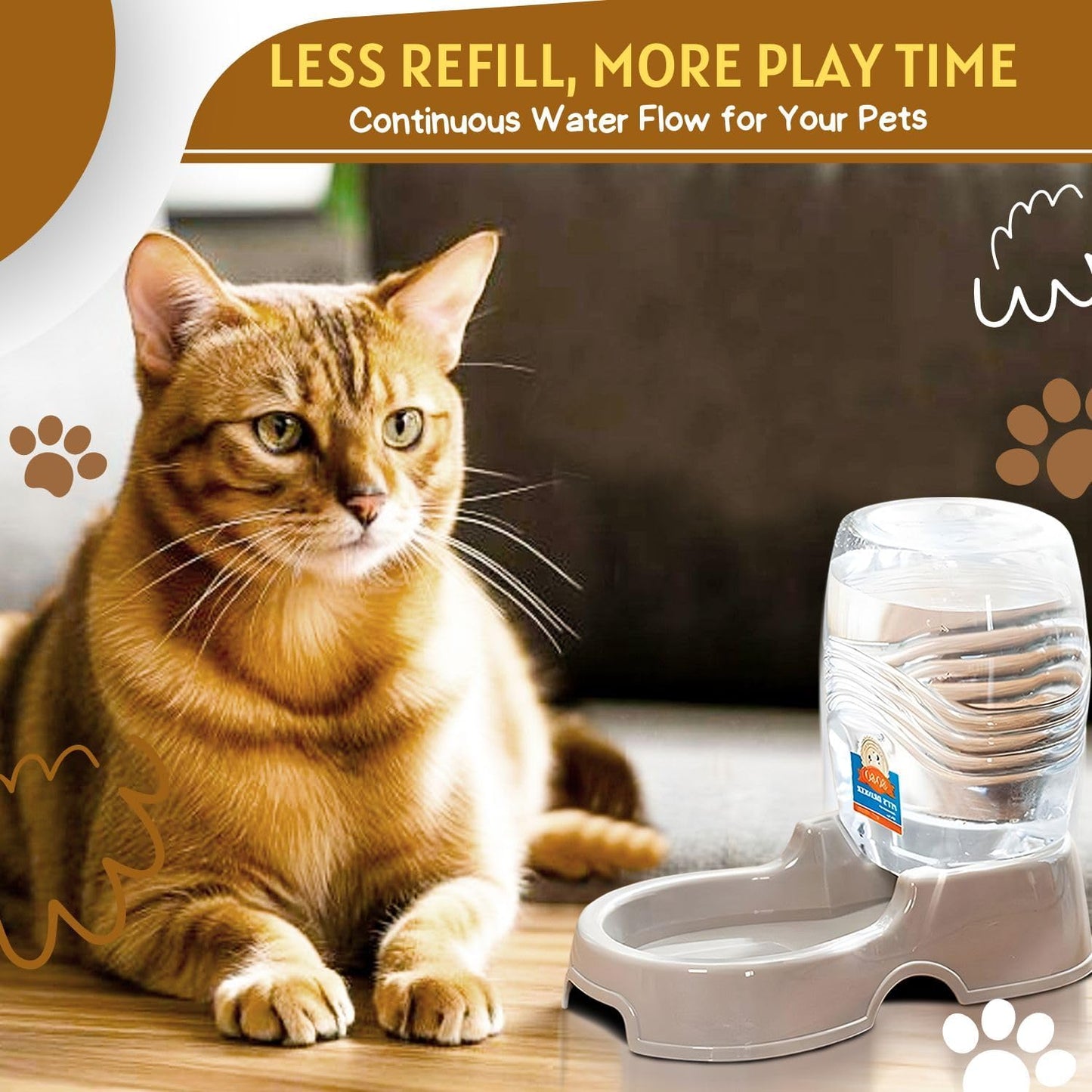 Flexzion Automatic Gravity Pet Waterer for Cat & Dog - Non-Skid & Easy-Clean Auto Replenish Water Dispenser Drinking Bowl (1/4 Gallon/ 900ml), Beige