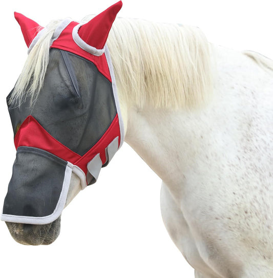 Horse Fly Mask with Ears & Long Nose Cover | Forelock Opening for Tangle-Free Mane Care | UV Protection & Breathable Mesh | No Rub Fit and Enhanced Visbility for Trail Riding Red Full