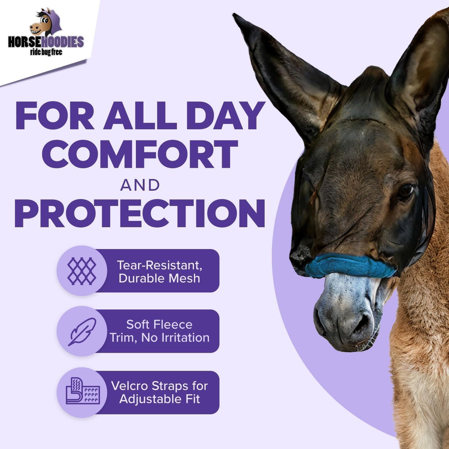 Donkey Fly Mask with Long Ears (Aqua) Made in USA - Mule Fly Mask with Ears Protection from Insects and Bugs, Mini Donkey Soft Mesh Fabric with Adjustable Fastener, Face Cover Supplies for Donkeys