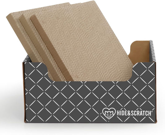 HIDE & SCRATCH Cat Scratcher Box and Cat Bed with Refillable Double-Sided Cardboard Scratch Pad for Indoor Cats