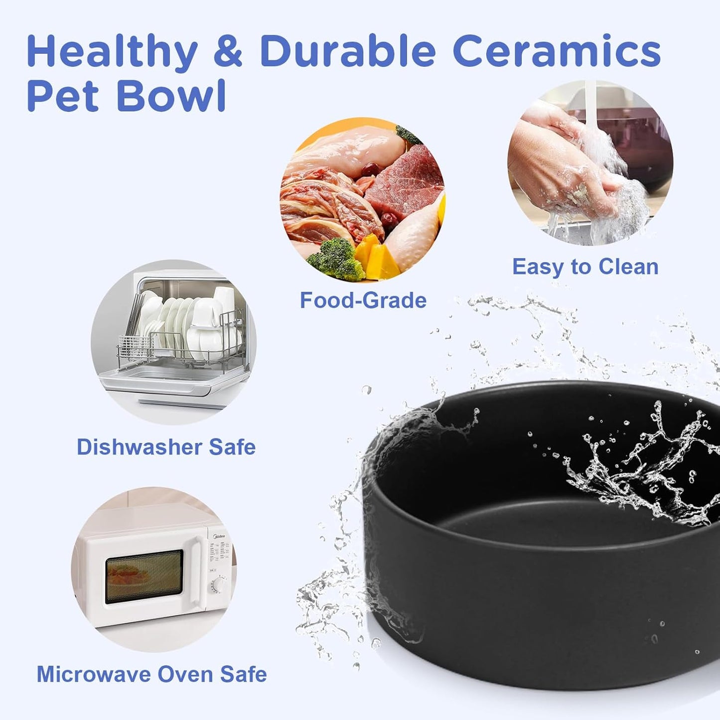 SPUNKYJUNKY Elevated Dog Bowls Ceramic, 8.3'' Dogs Food Water Bowls Raised with Non-Slip Bamboo Stand for Large Sized Breed Microwave Dishwasher Safe - 60 OZ,Black
