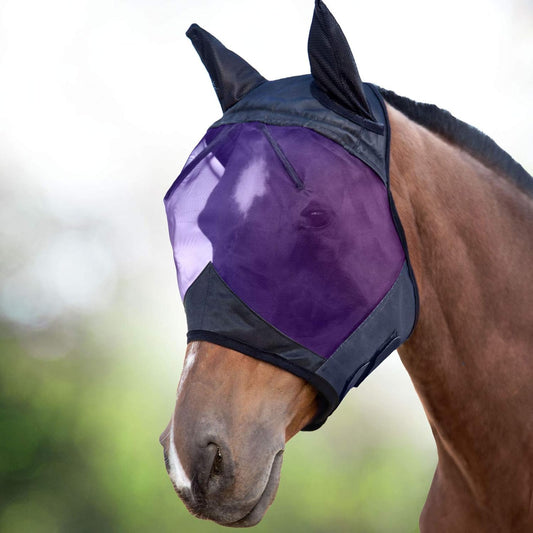 Harrison Howard CareMaster Horse Fly Mask Half Face with Ears Black/Purple Retro Medium Cob