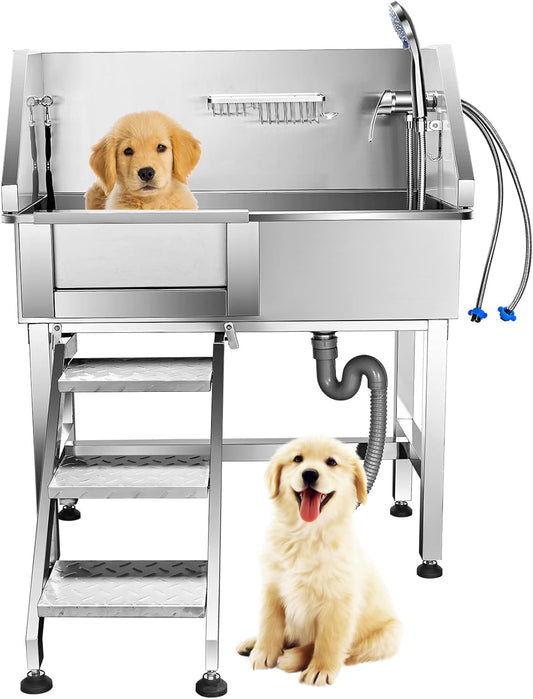 34'' Dog Washing Station for Small Dogs Grooming Tub Bathing Station Professional Pet Wash Station Bathtub for Home with Sliding Door, Faucet, Steps