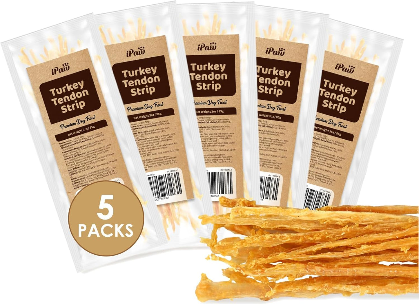 iPaw Turkey Tendons for Dogs, 100% Turkey and US Sourced Raw Material, Hypoallergenic, All Natural Human Grade Puppy Chew, Rawhide Alternative Dog Treats, 5 Unit/Pack Strip