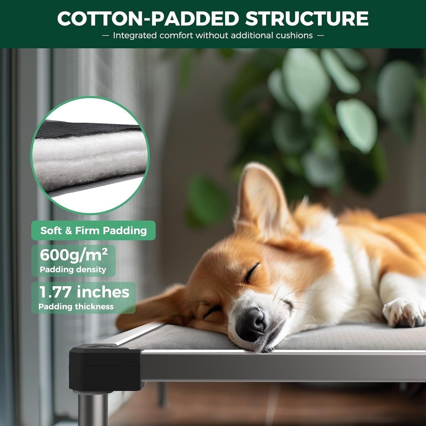 FXW TitanNest Chew-Proof Elevated Dog Bed, Raised Cot for Indoor/Outdoor/Camping Use, Durable & Washable Padded Pet Bed for Large Dogs, 47.0" L x 29.0" W x 7.3" H, Gray