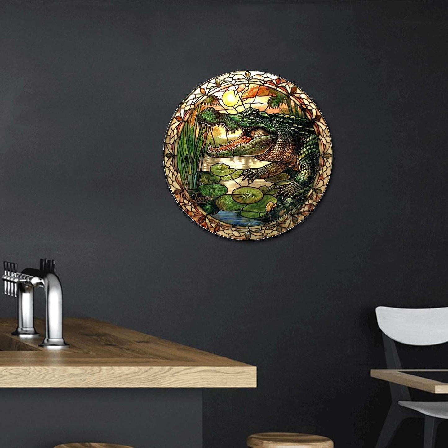 Lygond Metal Sign Tin Sign Circular Stained Glass Alligator Minimalist Wall Art for Home Decor 12×12 Inches