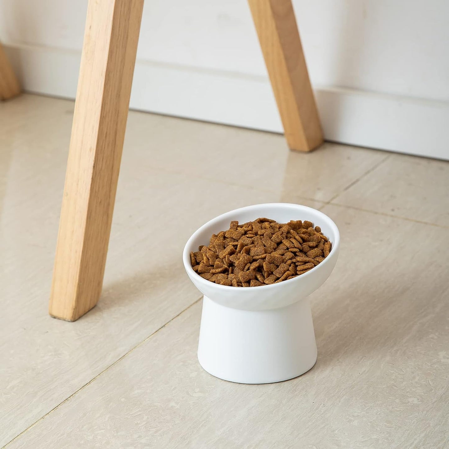 Small Ceramic Raised Cat Bowls, Tilted Elevated Food or Water Bowls, Stress Free, Backflow Prevention, Dishwasher and Microwave Safe, Lead & Cadmium Free(White)