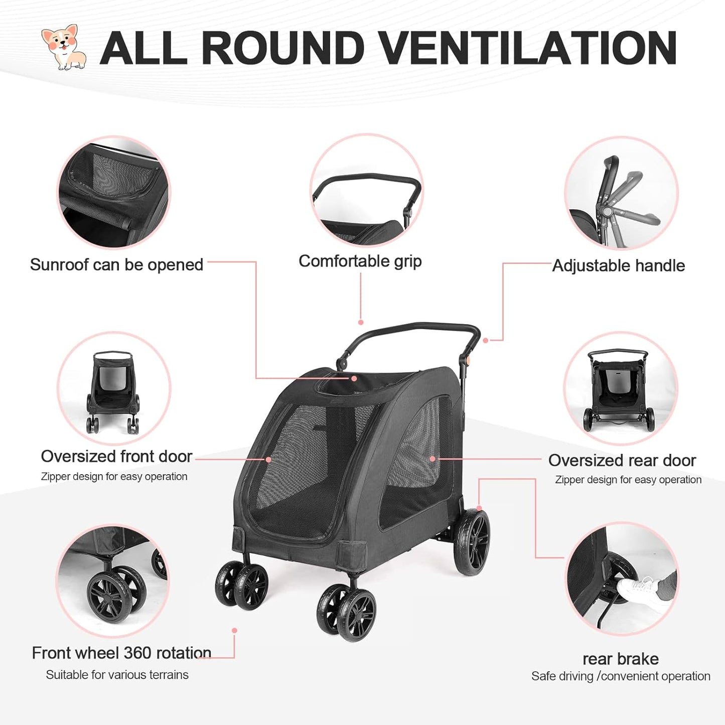 Large Dog Travel Stroller with 4 Heavy Duty Wheels Pet Stroller with Adjustable Handle - Double Doggie Capacity Jogger Wagon with Back Front Door for Small Medium Large Dogs (Black 1)