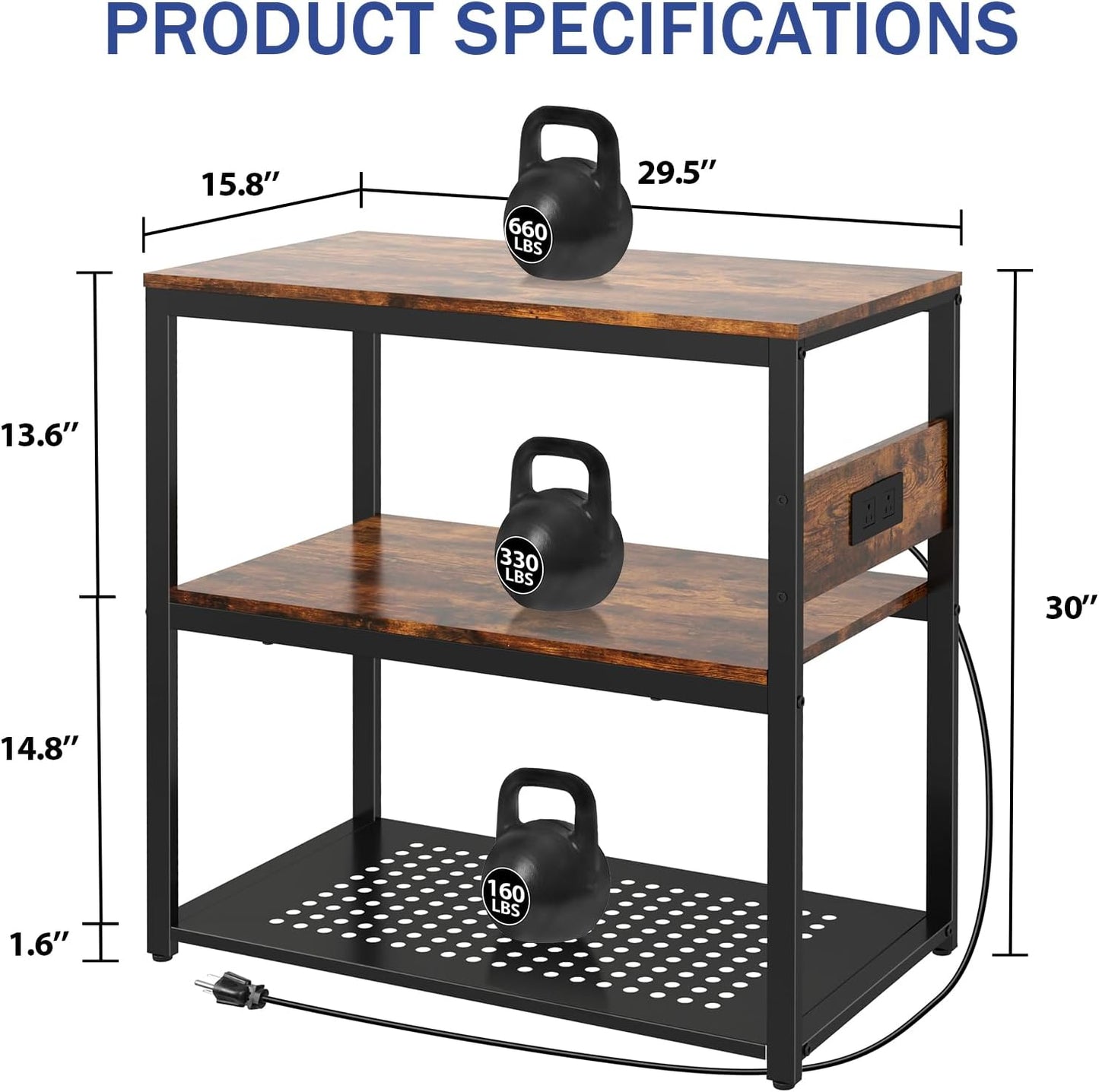 20-29 Gallon Fish Tank Stand With Power Outlets, 3-Tier Metal Aquarium Stands, Breeder Reptile Tank Stand with Shelf for Home Office, 660LBS Capacity, 29.5 x 15.8 x 30.1 inches, Brown