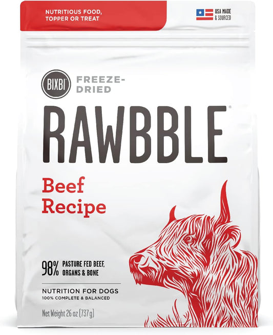 BIXBI Rawbble Freeze Dried Dog Food, Beef Recipe, 26 oz - 98% Meat and Organs, No Fillers - Pantry-Friendly Raw Dog Food for Meal, Treat or Food Topper - USA Made in Small Batches
