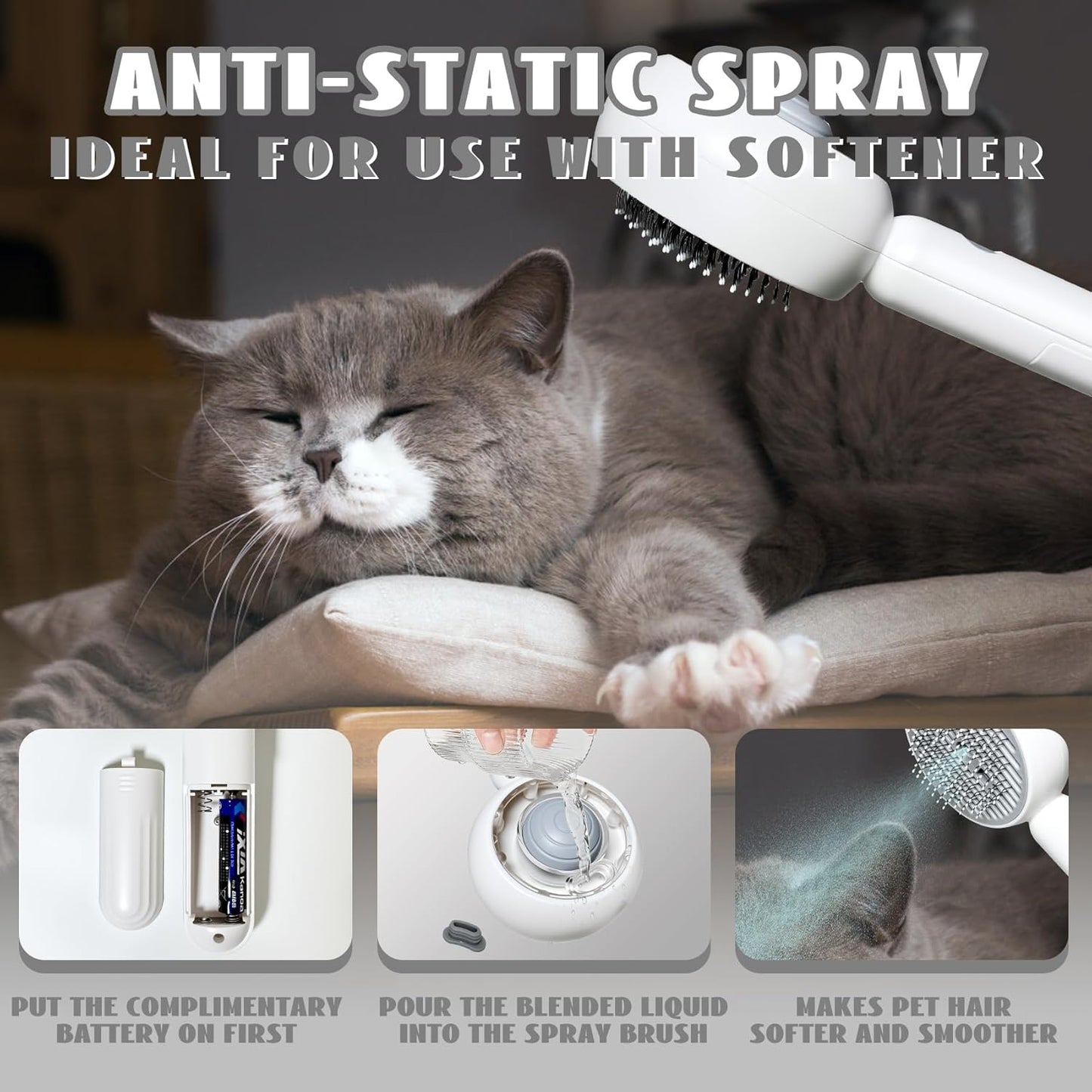 3-in-1 Steam Brush for Cats & Dogs – Hair Removal Comb with One-Click Release & Water Spray – Grooming Brush for Shedding, Long/Short Hair (white brushs)