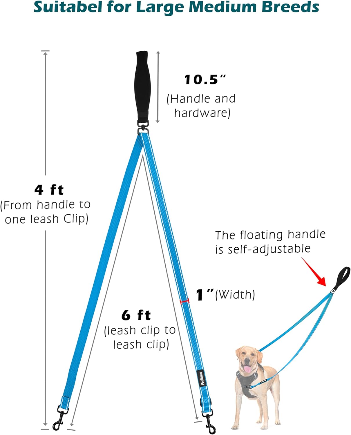 PetBonus Two Point Control Dog Leash, Works with No Pull Harnesses, No Tangle Training Leashes, Soft Padded and Reflective Walking Lead, Converts to Single Lead for Medium Large Dogs (Light Blue)