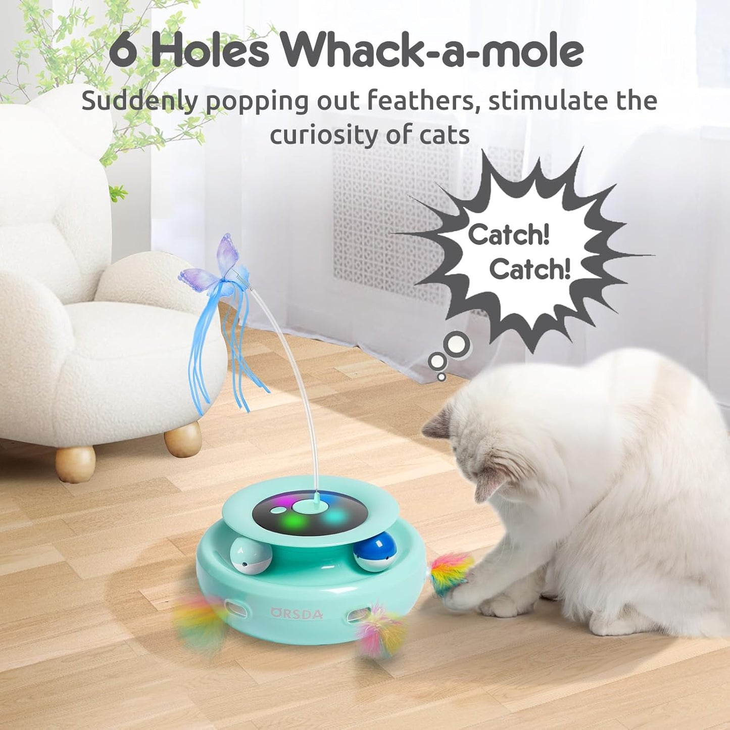 ORSDA Cat Toy, 3-in-1 Automatic Interactive Electronic Moving Ambush Feather, Fluttering Butterfly, Track Balls, USB Rechargeable Powered Smart Indoor Exercise Kicker