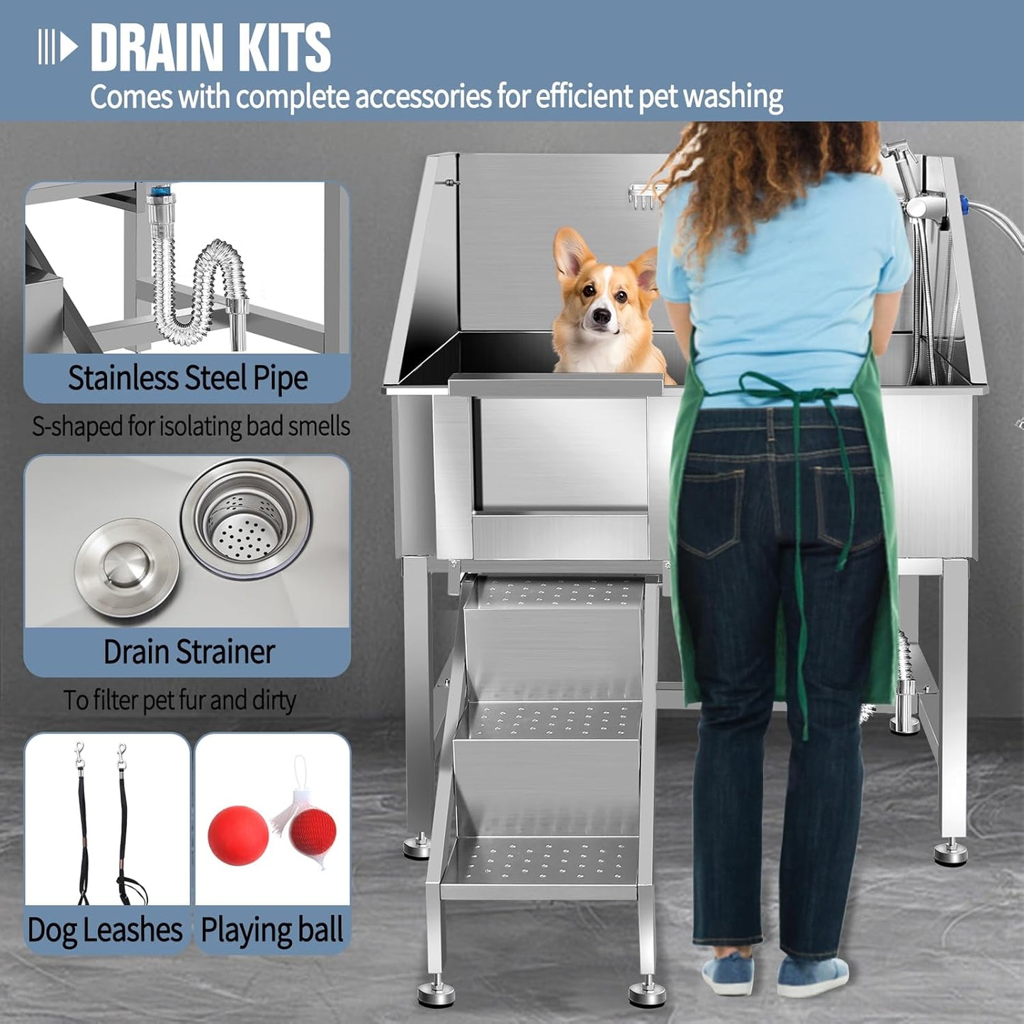 38" Pet Dog Bathing Station W/Stairs, Professional Stainless Steel Dog Grooming Tub W/Soap Box, Faucet,Rich Accessory, Dog Bathtub for Large,Medium,Small Pets, Washing Sink for Home,L-RAMP