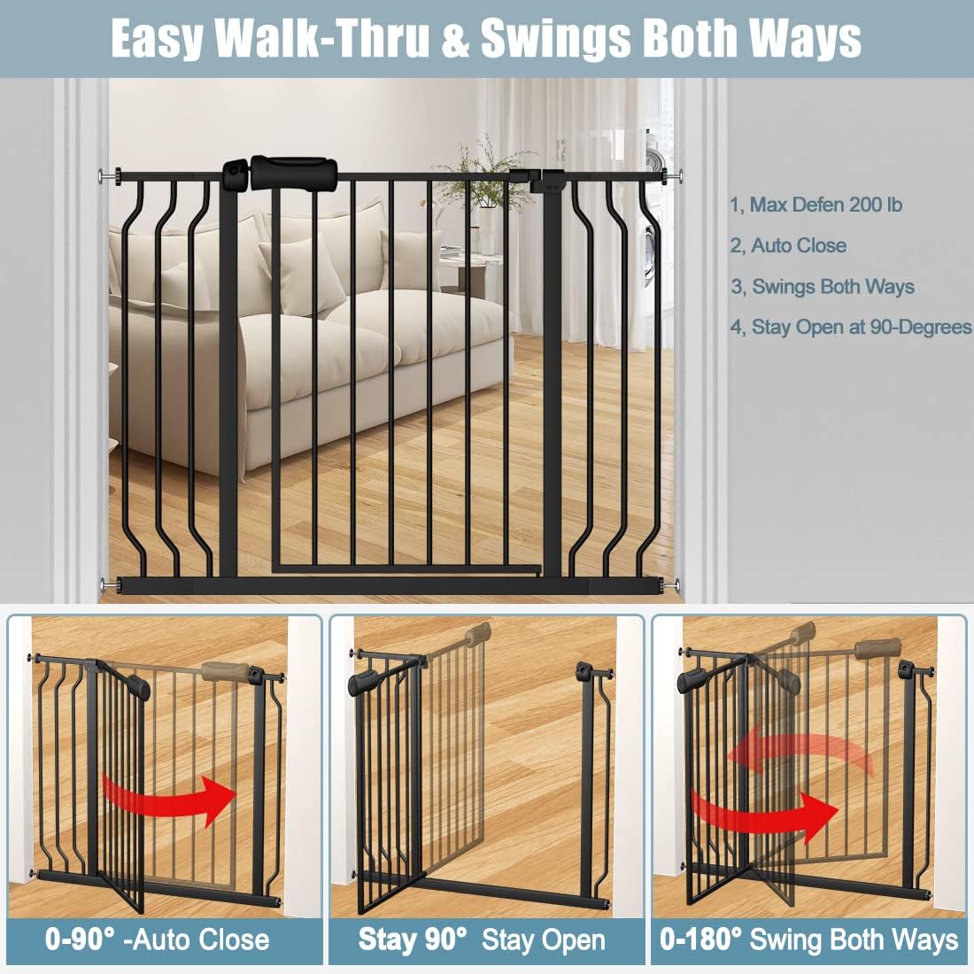 Extra Wide Baby Gate Black 62-67 Inch Wide Pressure Mounted Auto Close Child Safety Gate Long Dog Gate for House Doorways
