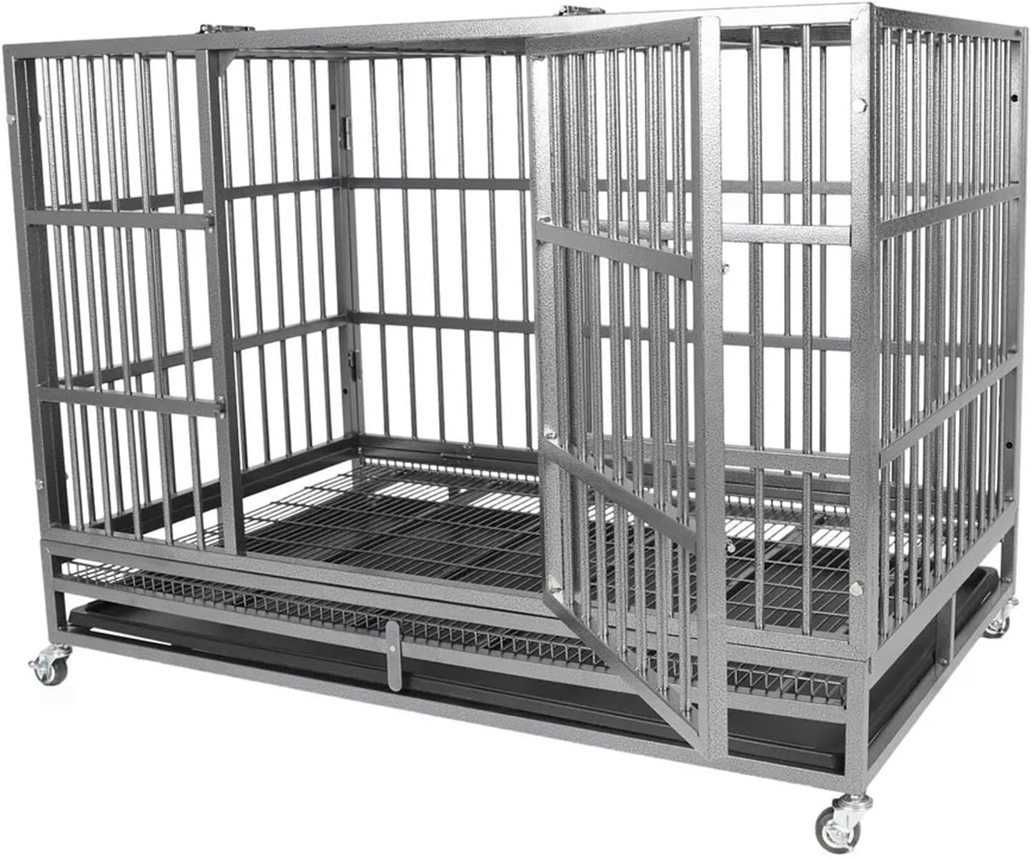 Indestructible Dog Crate Cage Kennel, 47 inches, High Anxiety Dog Crate with Removable Trays, Wheels and Double Door, for Medium and Large Dogs