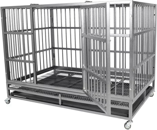 Indestructible Dog Crate Cage Kennel, 47 inches, High Anxiety Dog Crate with Removable Trays, Wheels and Double Door, for Medium and Large Dogs