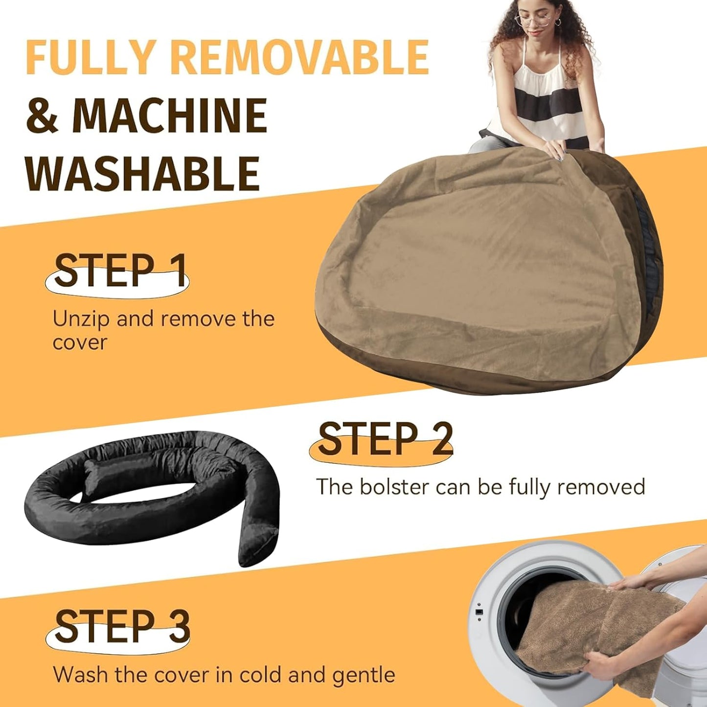Orthopedic Washable Large Dog Bed: Cooling Dog Bed with Bolsters - Jumbo Bed Waterproof Removable Cover Non-Slip Pet Bed for Extra Large Sized - Coffee