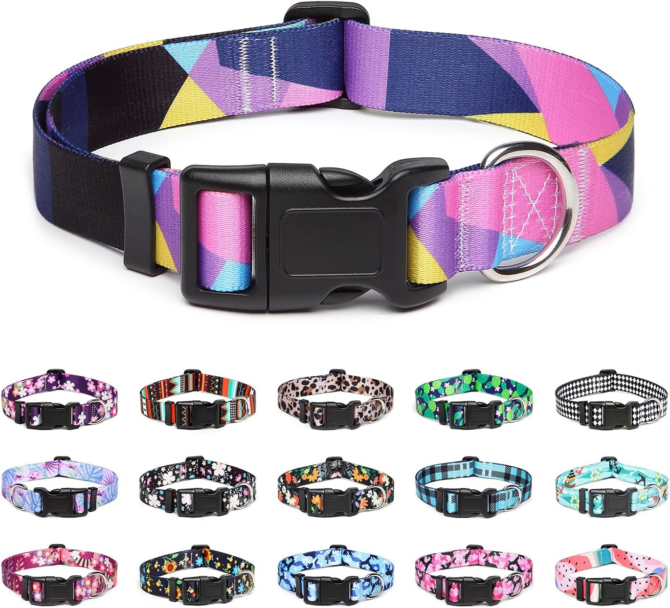 Mercano Adjustable Dog Collar - Special Design Patterns, Soft Nylon Comfortable Sturdy Pet Collar for Small Medium Large Dogs (L, Geometry Purple)