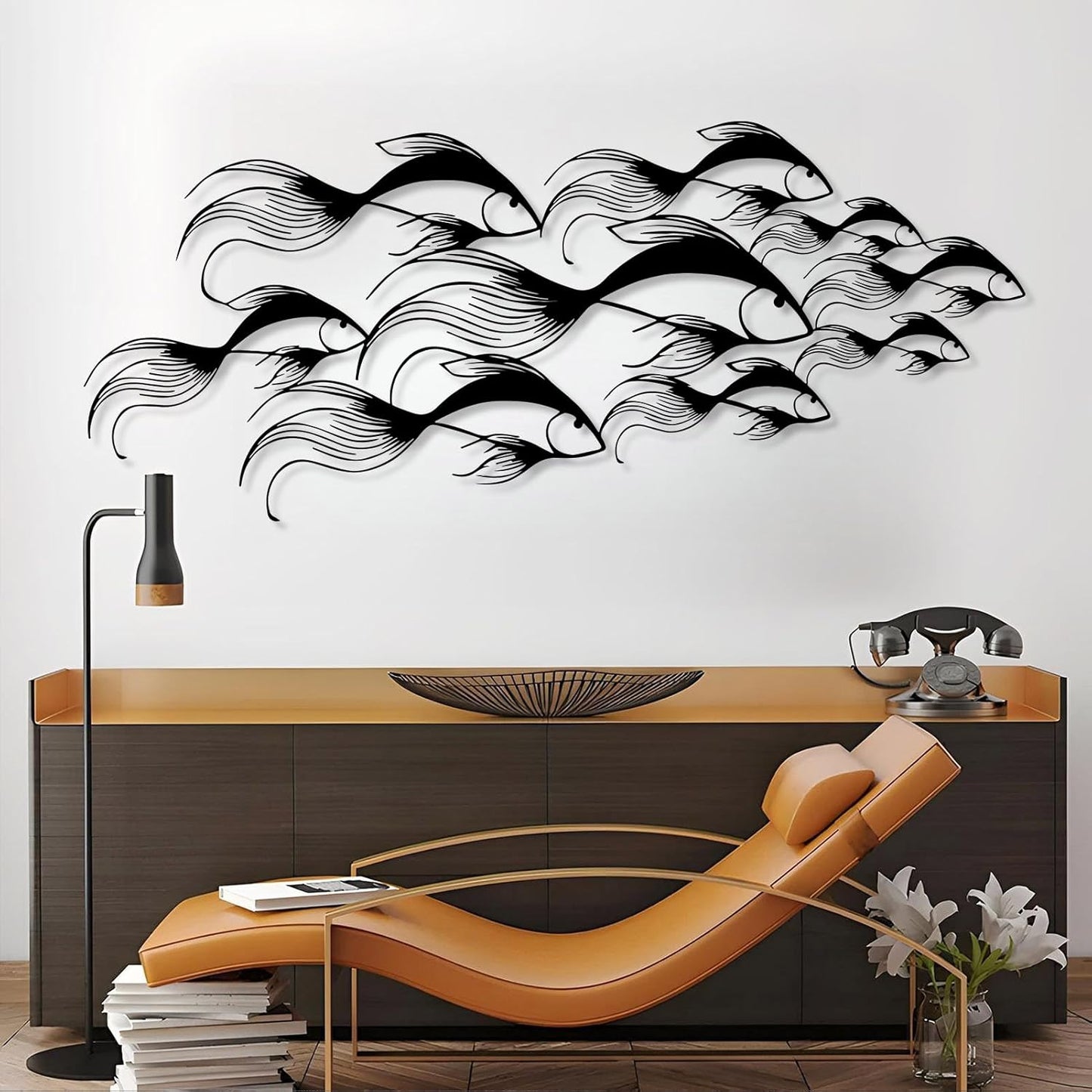 School of Fish Metal Wall Art, Metal Fish Wall Decor, Sea Life Wall Art, Large Nautical Wall Hanging, Modern Beach House Wall Decor, Ocean Themed Artwork for Bathroom (Silver, 53"x22" | 135x57cm)