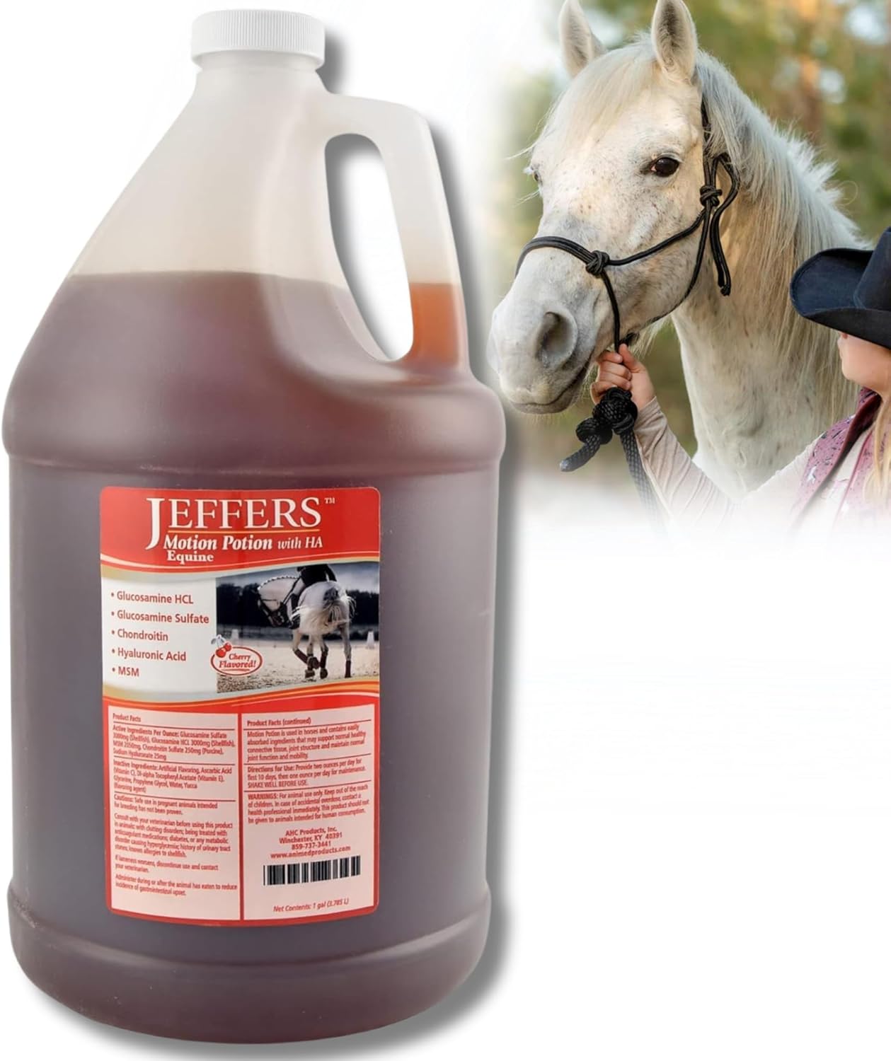 Jeffers Equine Motion Potion Liquid Horse Joint Supplement with HA, Cherry Flavor – Glucosamine, MSM, Chondroitin, Hyaluronic Acid – Mobility Support for Horses – 1 Gallon Jug – Up to 128 Serving