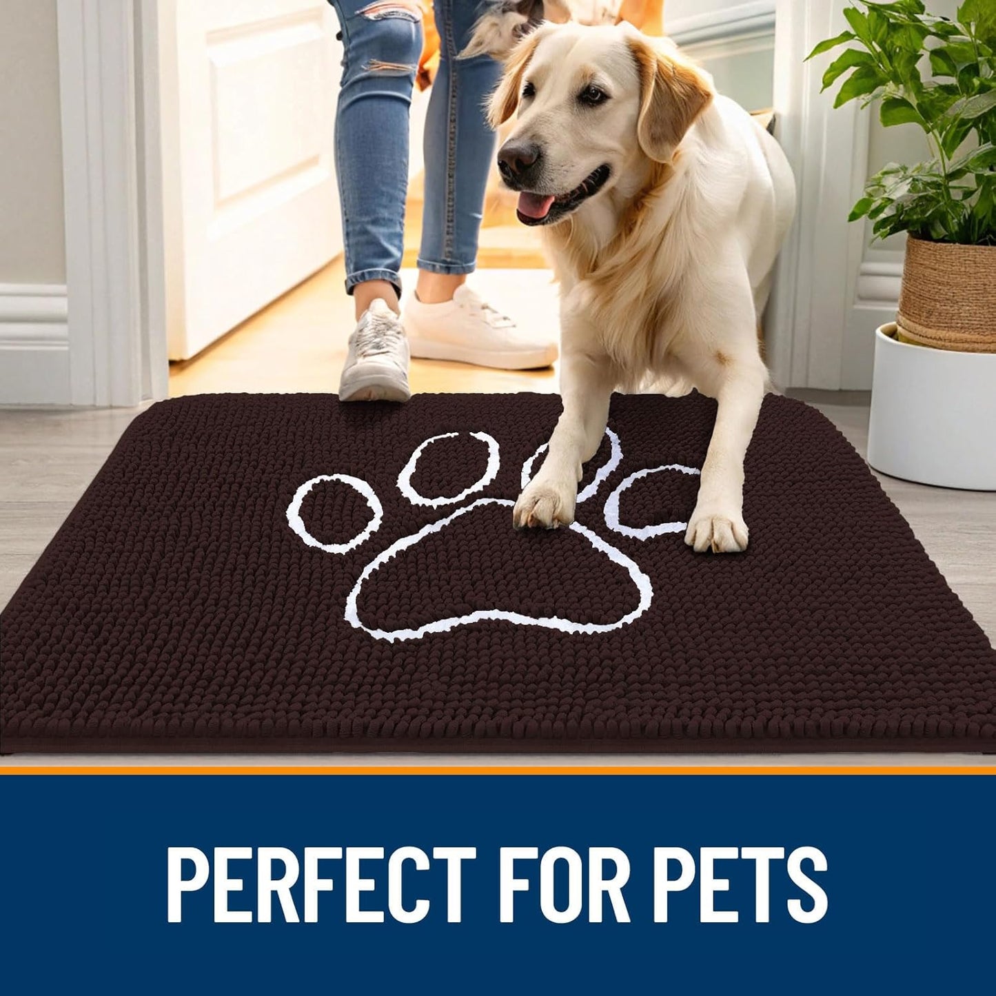 OLANLY Door Mat for Muddy Dog Paws 59x35, Ultra Absorbent Chenille Mud Doormat with Paw Print Design, Non-Slip Washable Doormat for Indoor Entryway, Quick-Dry Pet Bed Mats for Dirty Dogs, Brown