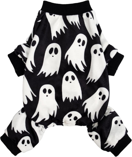 Fitwarm Halloween Ghost Dog Pajamas, Funny Halloween Costumes for Dogs, Fleece Dog Onesie with Feet, Doggy Clothes for Small Dogs Boy Girl, Pet Apparel, Black, White, XXL