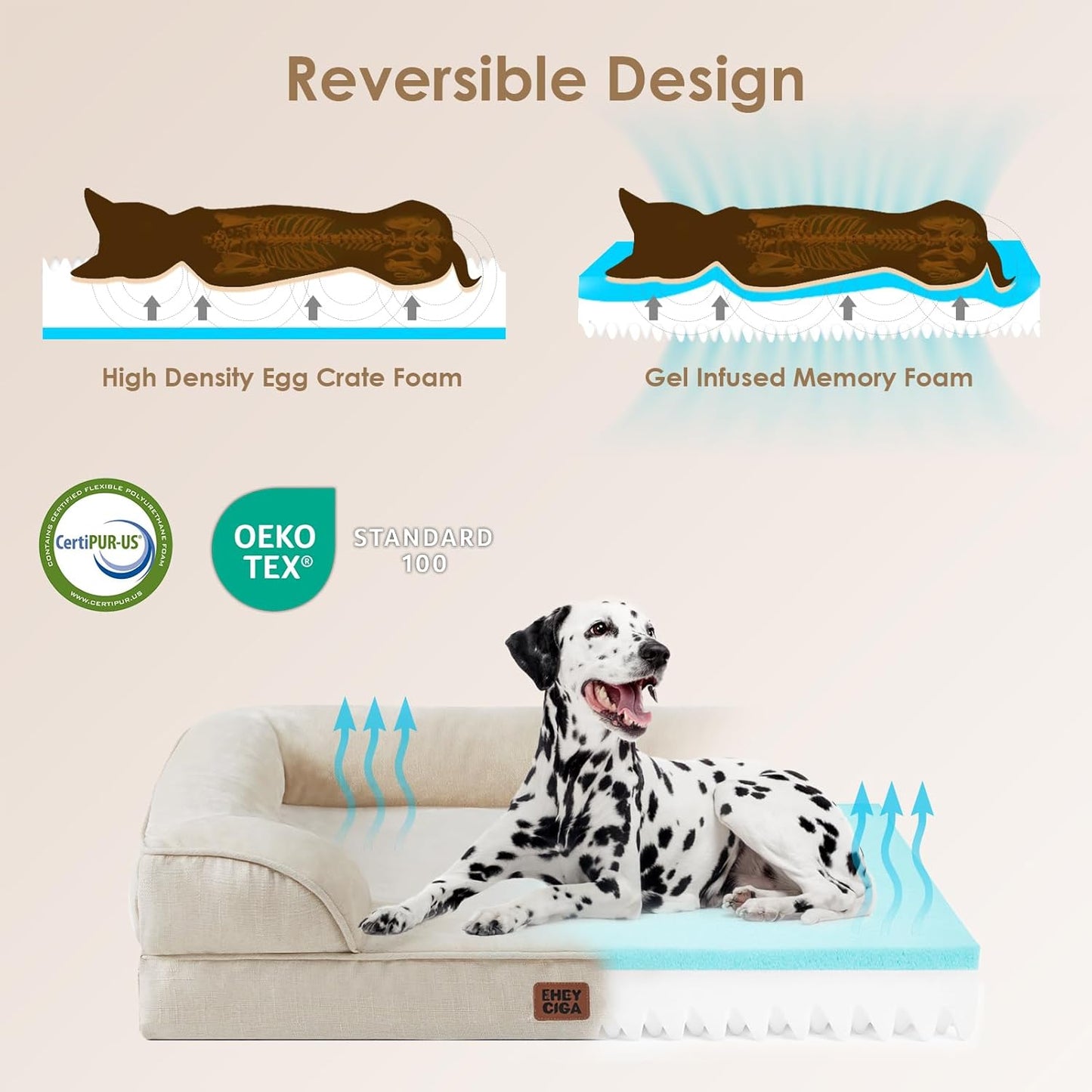 EHEYCIGA Orthopedic XL Dog Beds, Waterproof Memory Foam Dog Bed for Extra Large Dogs, Non-Slip Bottom and Egg-Crate Foam Big Pet Couch Bed with Washable Removable Cover, Beige