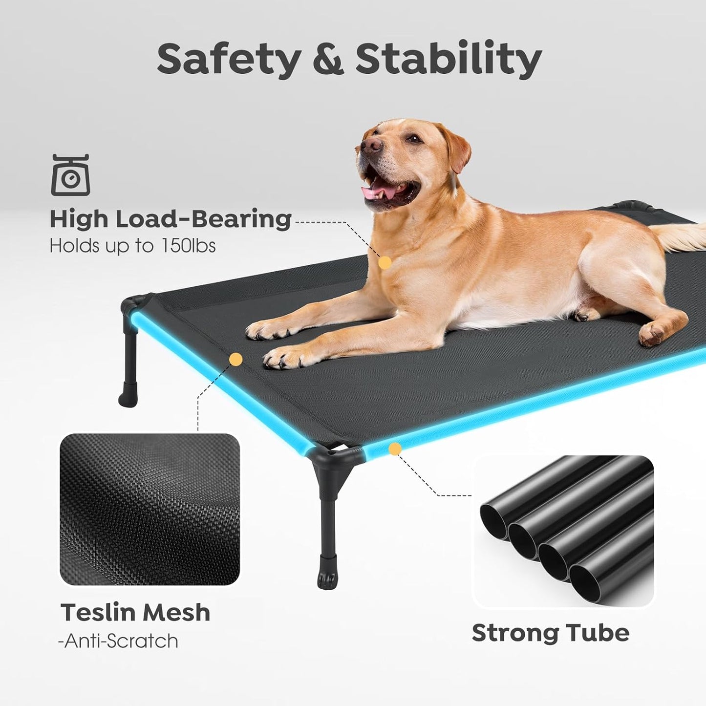 Veehoo Portable Raised Dog Cot, Cooling Elevated Pet Bed with Washable & Breathable Mesh, No-Slip Feet, Durable Dog Cot for Large Dogs, 42" x 30", Black