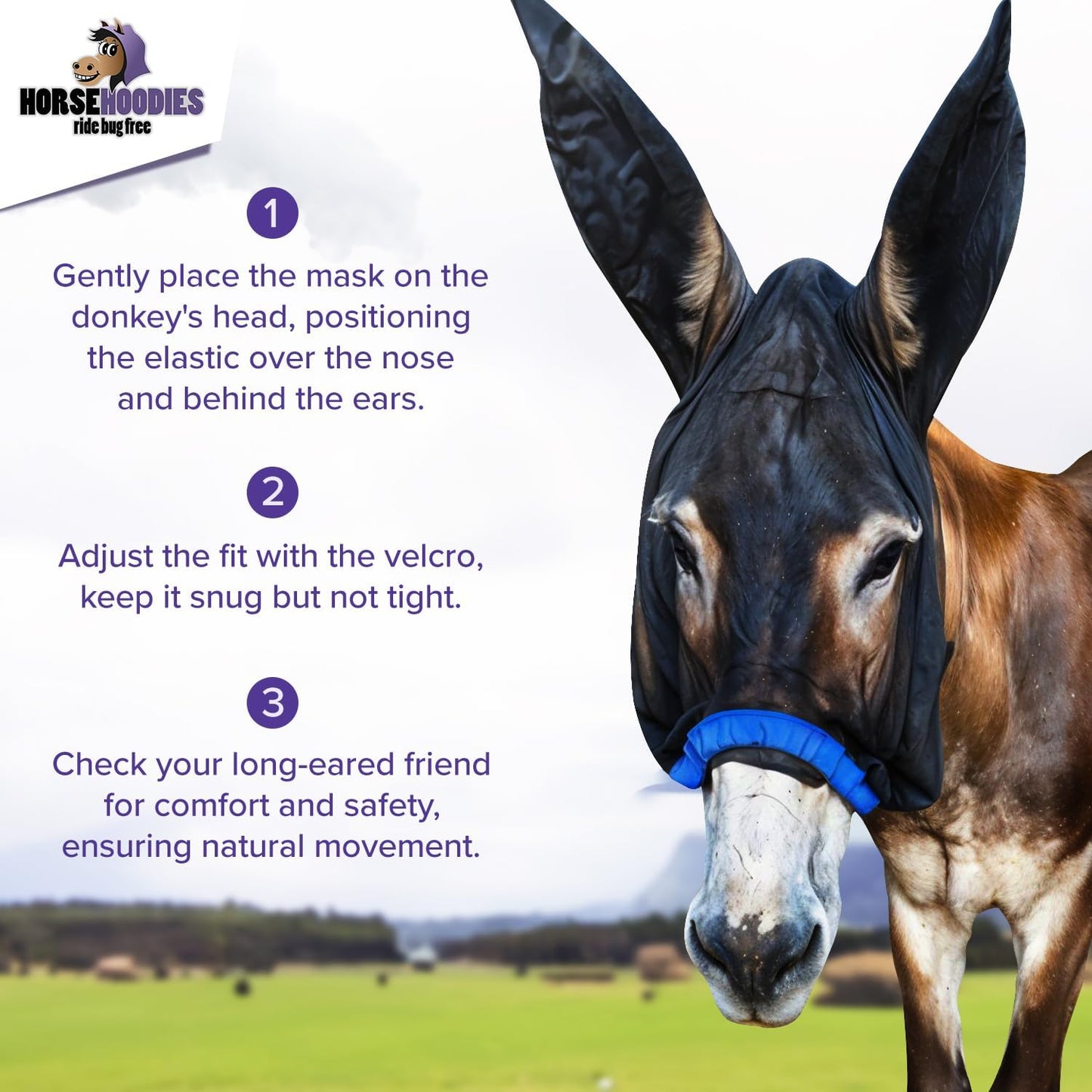 Donkey Fly Mask with Long Ears (Orange) Half Hoodie for Standard Donkey, Made in USA - Mule Fly Mask with Ears Protection from Insects and Bugs, Face Cover Soft Mesh Fabric with Adjustable Fastener