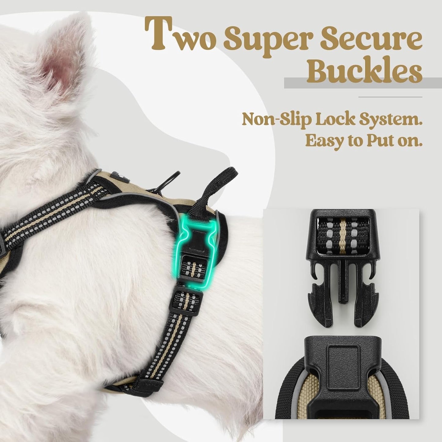 rabbitgoo Dog Harness No Pull with 2 Leash Clips, Adjustable Soft Padded, Reflective Oxford No Choke Pet Vest with Easy Control Handle for Puppy, Beige, XS