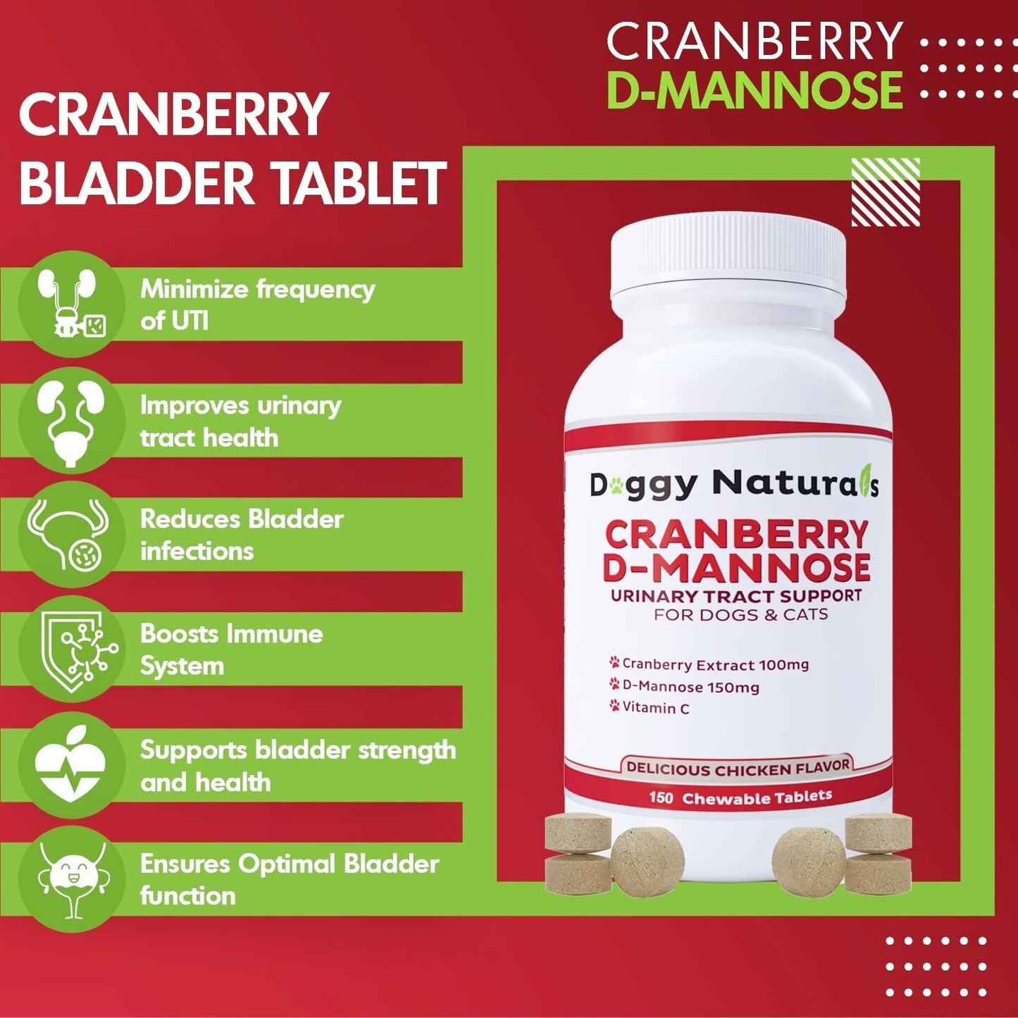 Cranberry D-Mannose for Dogs and Cats Urinary Tract Infection Support Prevents and Eliminates UTI, Bladder Infection Kidney Support, Antioxidant (Single Strength Tablet, 150 Count)