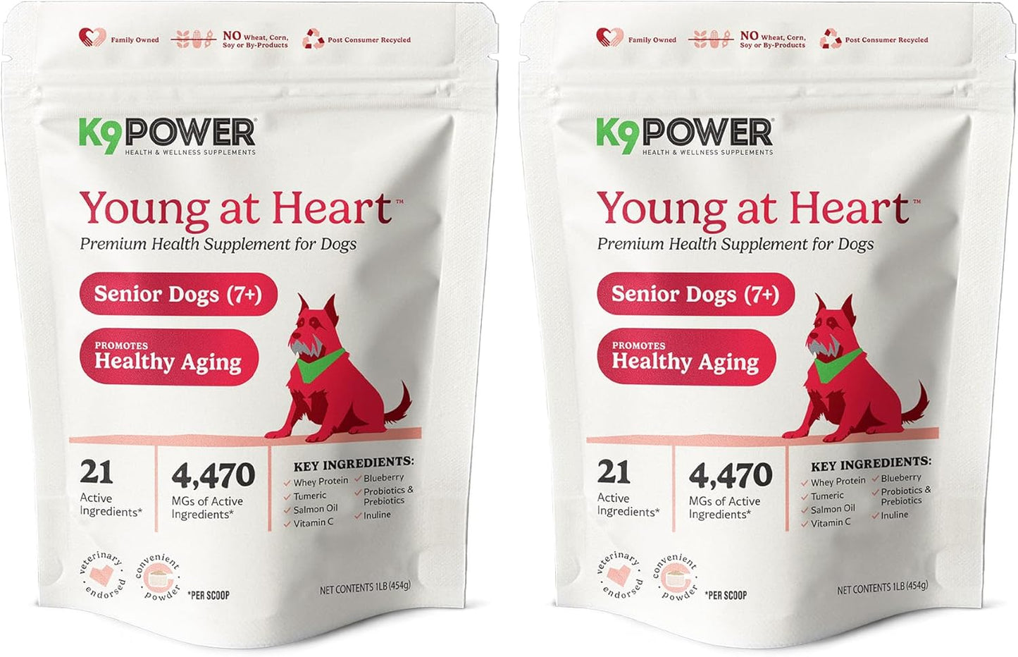 K9 Power Young at Heart Senior Dog Multivitamin 1 lb – Supplement for Brain Heart, Vision & Mobility Support in Senior Dogs - Pack of 2