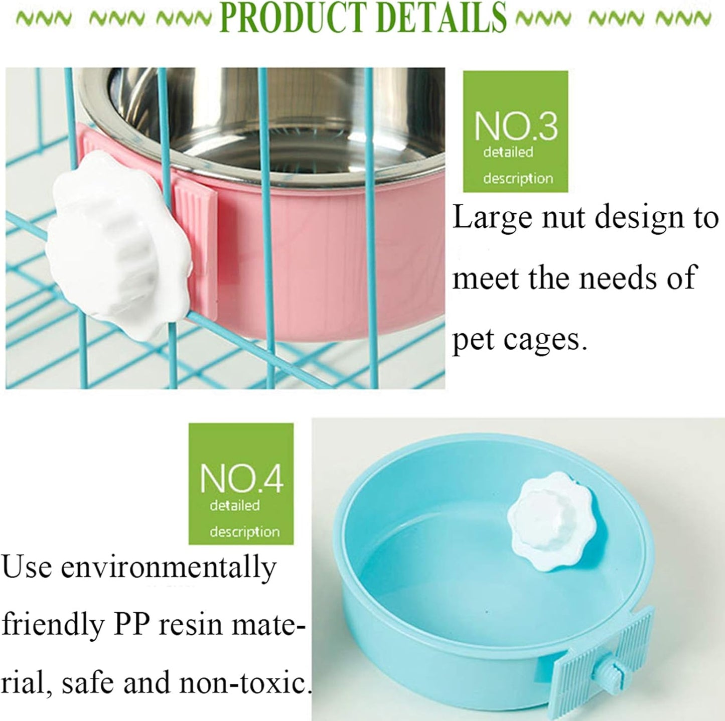 kathson Crate Dog Bowl, Removable Stainless Steel Hanging Pet Cage Bowl Food & Water Feeder Coop Cup for Cat, Puppy, Birds, Rats, Guinea Pigs 4pcs(2×Blue,1×Pink,1×Green)