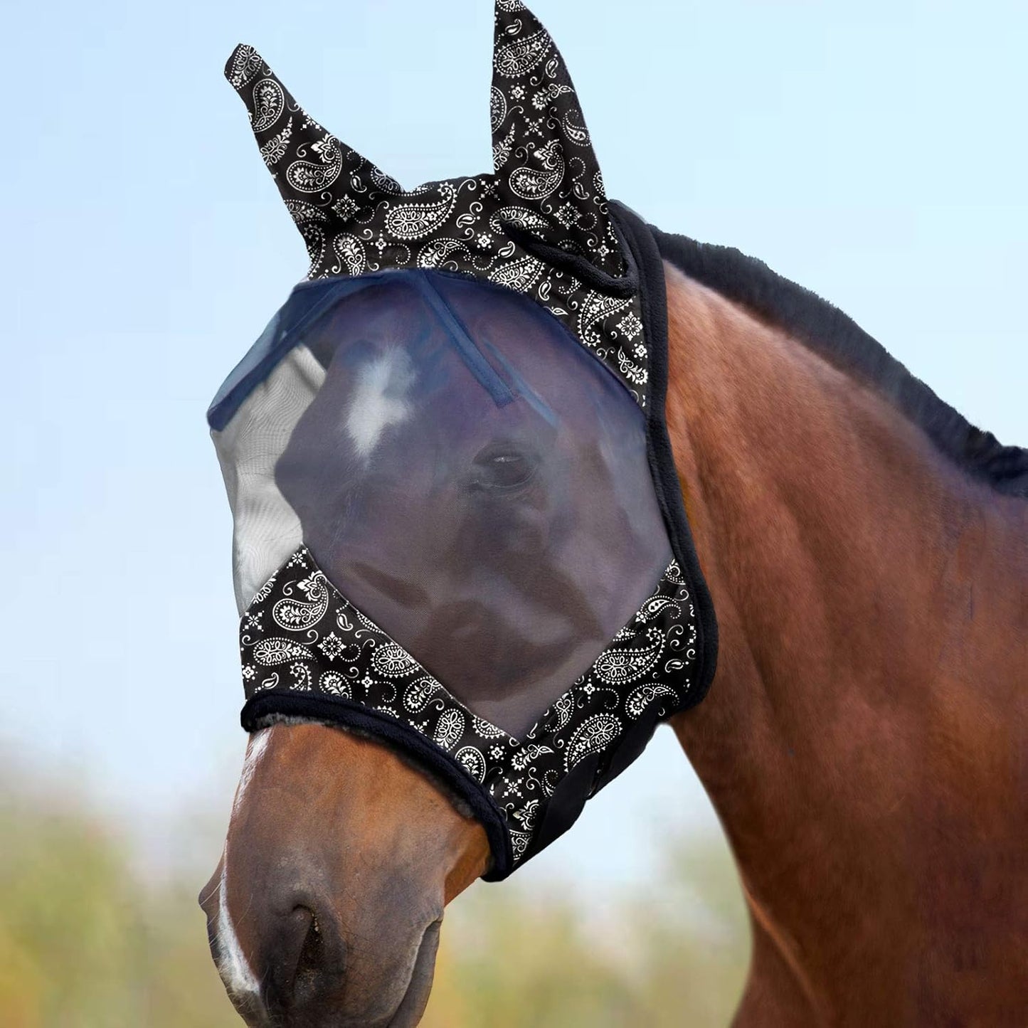 Harrison Howard LumiVista Horse Fly Mask Standard with Ears UV Protection for Horse Paisley Wave XL Extra Full