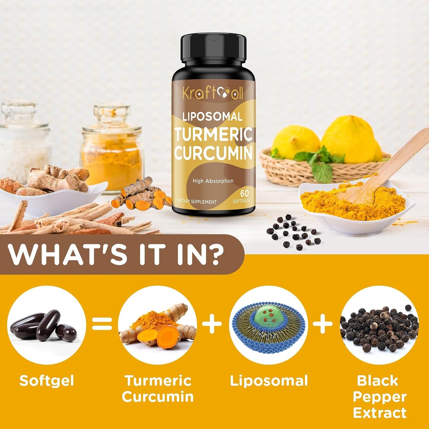 Liposomal Turmeric Curcumin 2200 mg with Black Pepper for Enhanced Absorption and Joint Support, 60 softgels (2 Bottles)