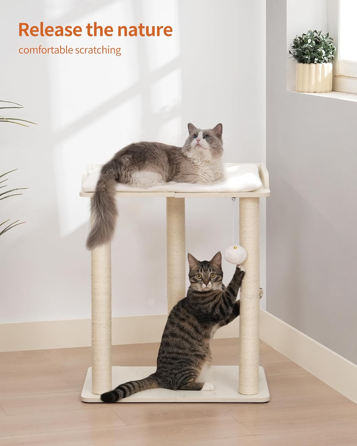FourFurPets 26.7in Large Cat Tree Tower Condo, Cat Scratch Posts for Indoor Cats, Big Plate, Three 23.6in Full Sisal Scratching Posts, White