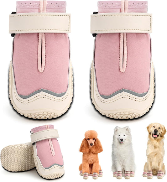 Hcpet Dog Boots for Large Dogs, Dog Shoes for Hot Pavement Winter Snow, Paw Protector Dog Booties Designed for Comfort and Breathability, Outdoor Booties for Small Medium Dogs for Hiking Pink Size 4