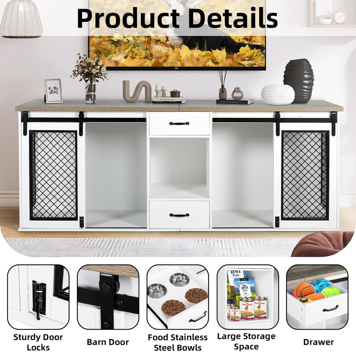 Extra Large Dog Crate Furniture, 85" Sliding Door Double Kennel for 2 Large Dogs Divided, Heavy Duty Wooden Dog Crate Kennel Furniture with 4 Dog Bowls and Drawer Indoor, White