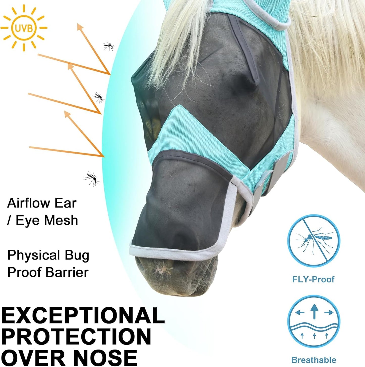 Horse Fly Mask with Ears & Long Nose Cover | Forelock Opening for Tangle-Free Mane Care | UV Protection & Breathable Mesh | No Rub Fit and Enhanced Visbility for Trail Riding Turquoise Full