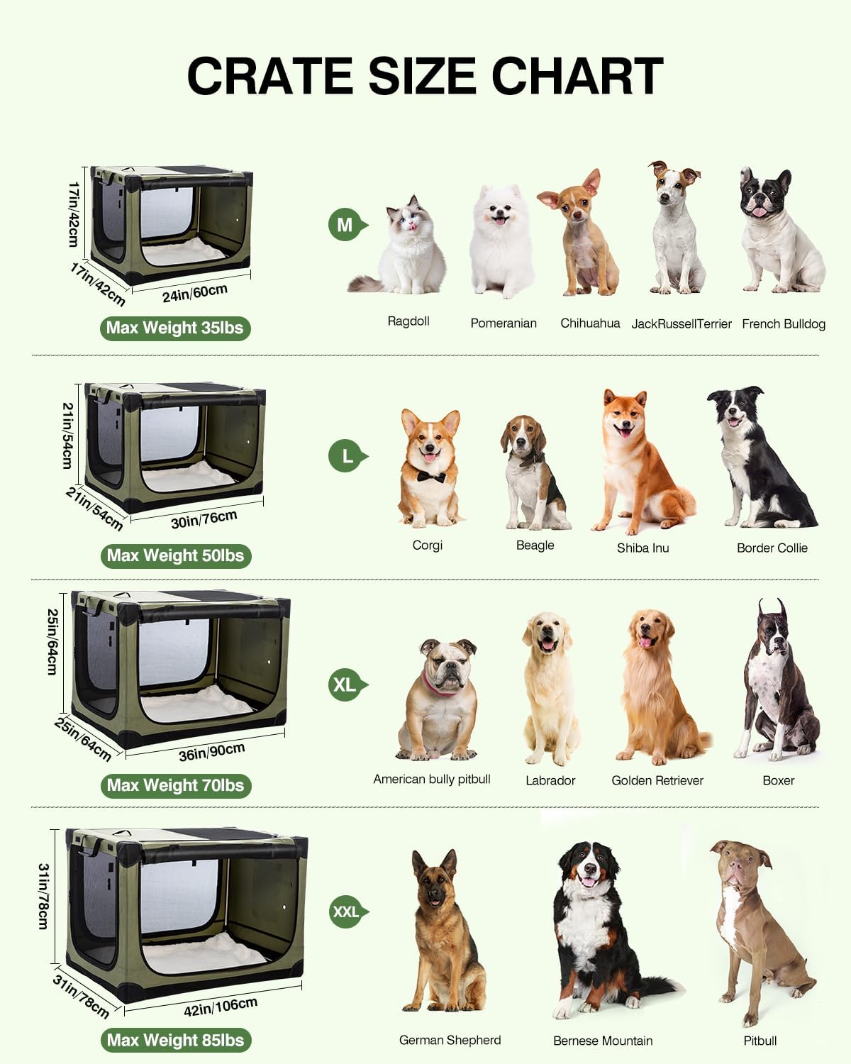 36-Inch Collapsible Travel Dog Crate, Portable 4-Door Soft Kennel for Medium to Large Dogs, Durable Mesh Windows, Indoor/Outdoor Use, Foldable, with Storage Bag (Green)