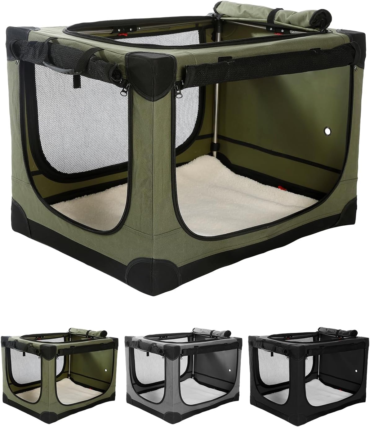 42 Inch Collapsible Travel Dog Crate for Medium Large Dogs, Portable Dog Crate 4-Door Foldable Soft Kennel with Durable Mesh Windows for Indoor & Outdoor Travel, with Storage Bag,Green