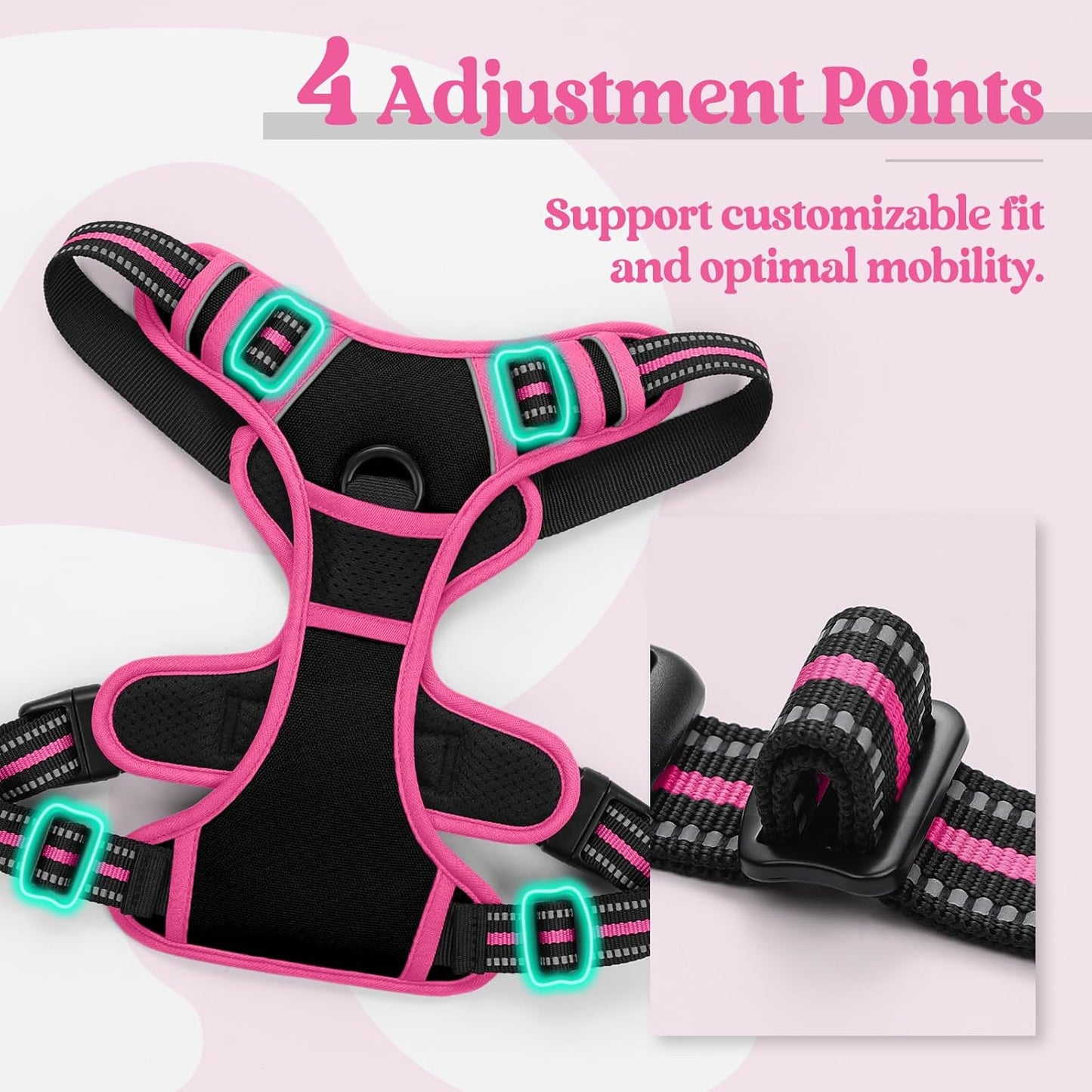 rabbitgoo Dog Harness No Pull with 2 Leash Clips, Adjustable Soft Padded, Reflective Oxford No Choke Pet Vest with Easy Control Handle for Large Dogs, Black & Hot Pink, XL