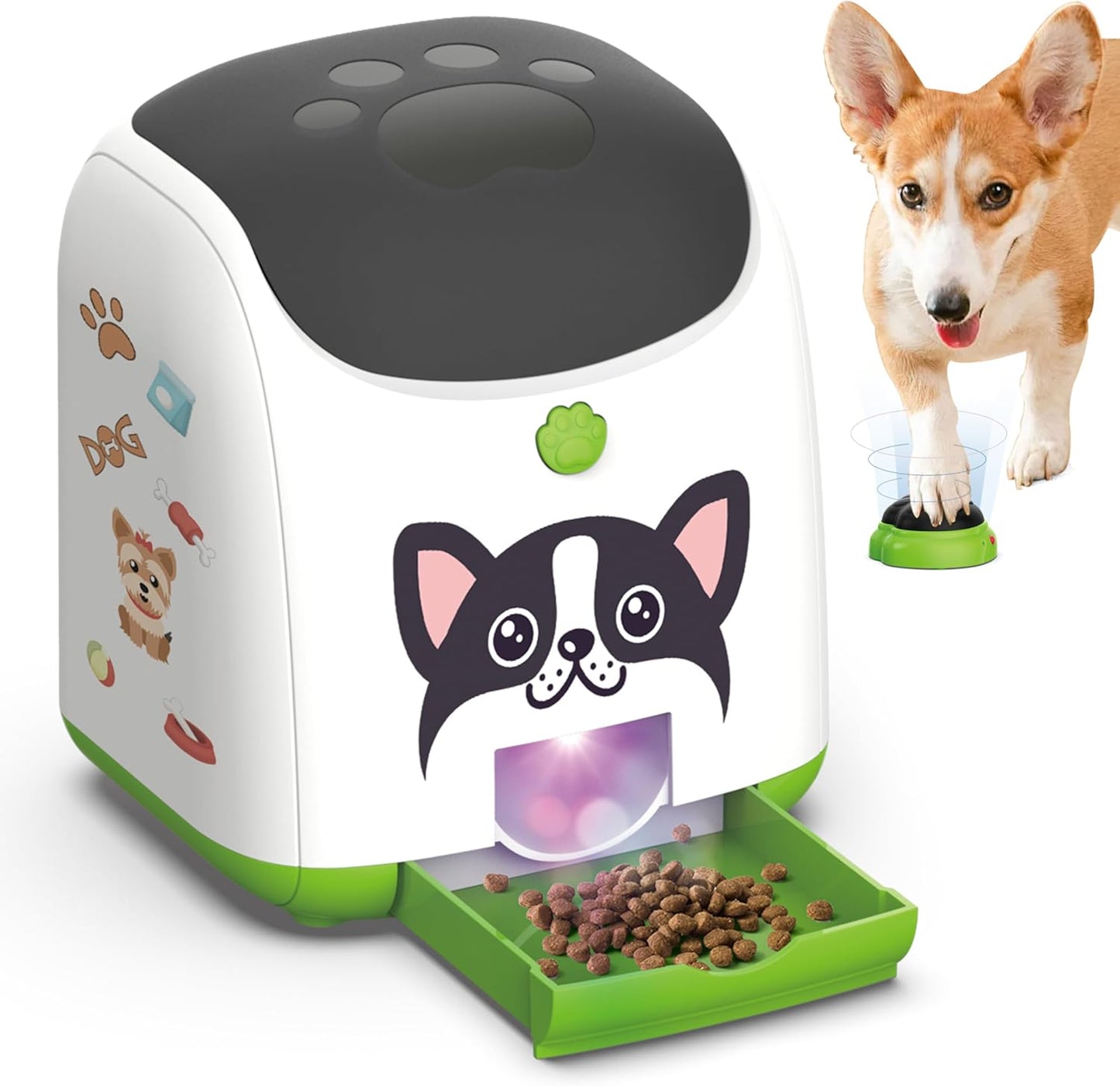 Dog Puzzle Feeder Toy, Automatic Dogs Treat Dispenser,Interactive IQ Training, Dog Slow Feeder,Remote Button Treat Dispenser,All Breeds,Large Capacity with Light (Green)