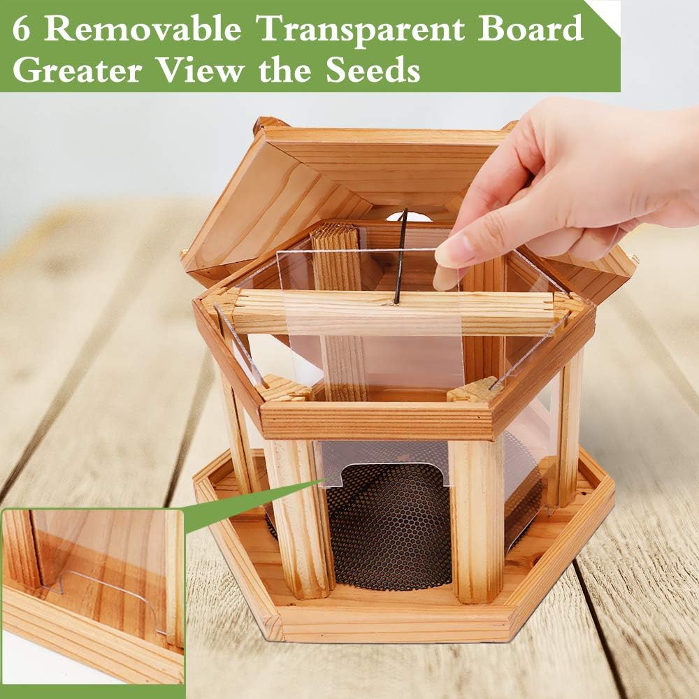 Solution4Patio Bird Feeder for Outdoors - USA Cedar Hexagon Gazebo Bird Feeders with Vented Mesh Tray, Easy-Clean & Fill Design 9.6" Dia. X 8.7" H 3.2-lb Capacity